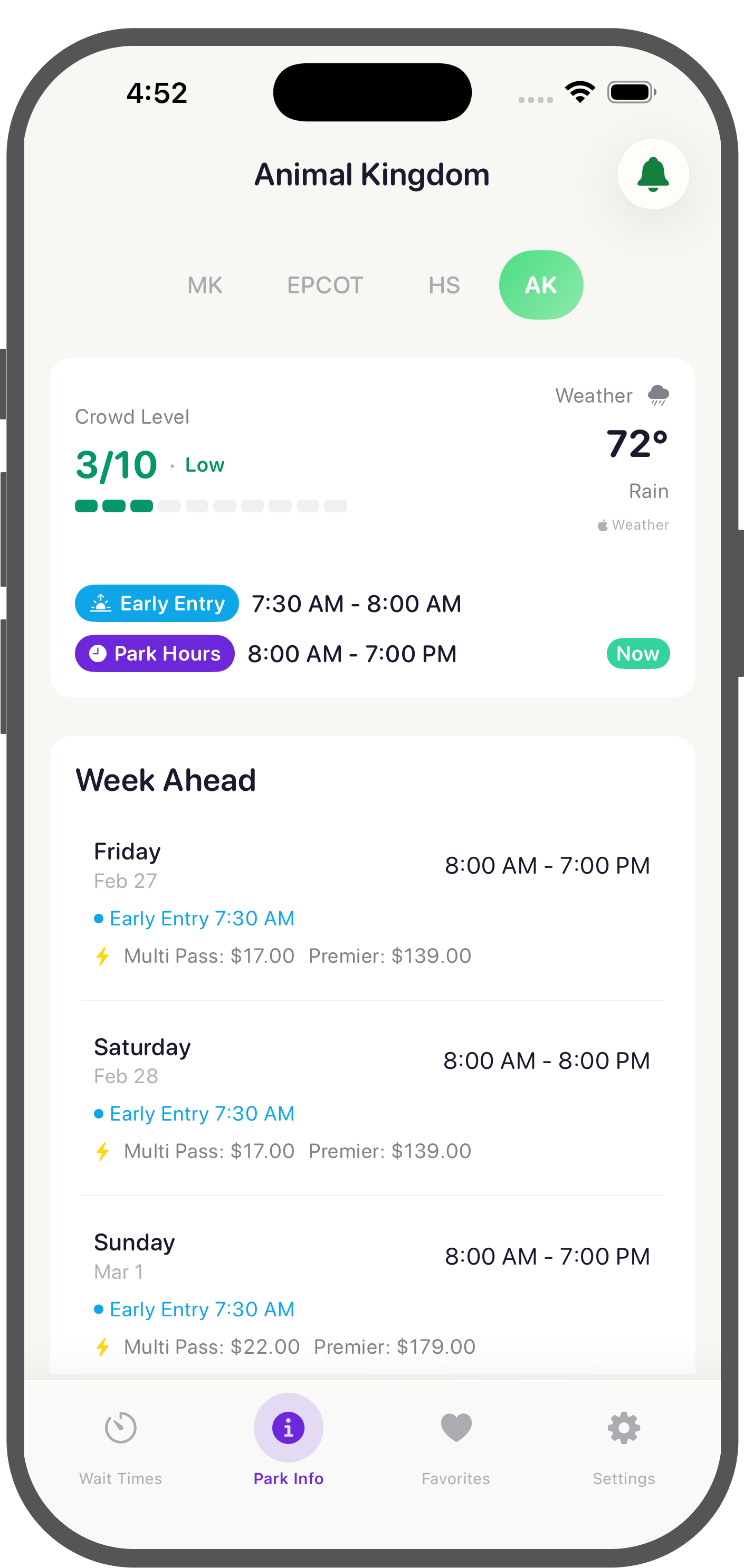 Park info with hours, crowd levels, and week ahead schedule