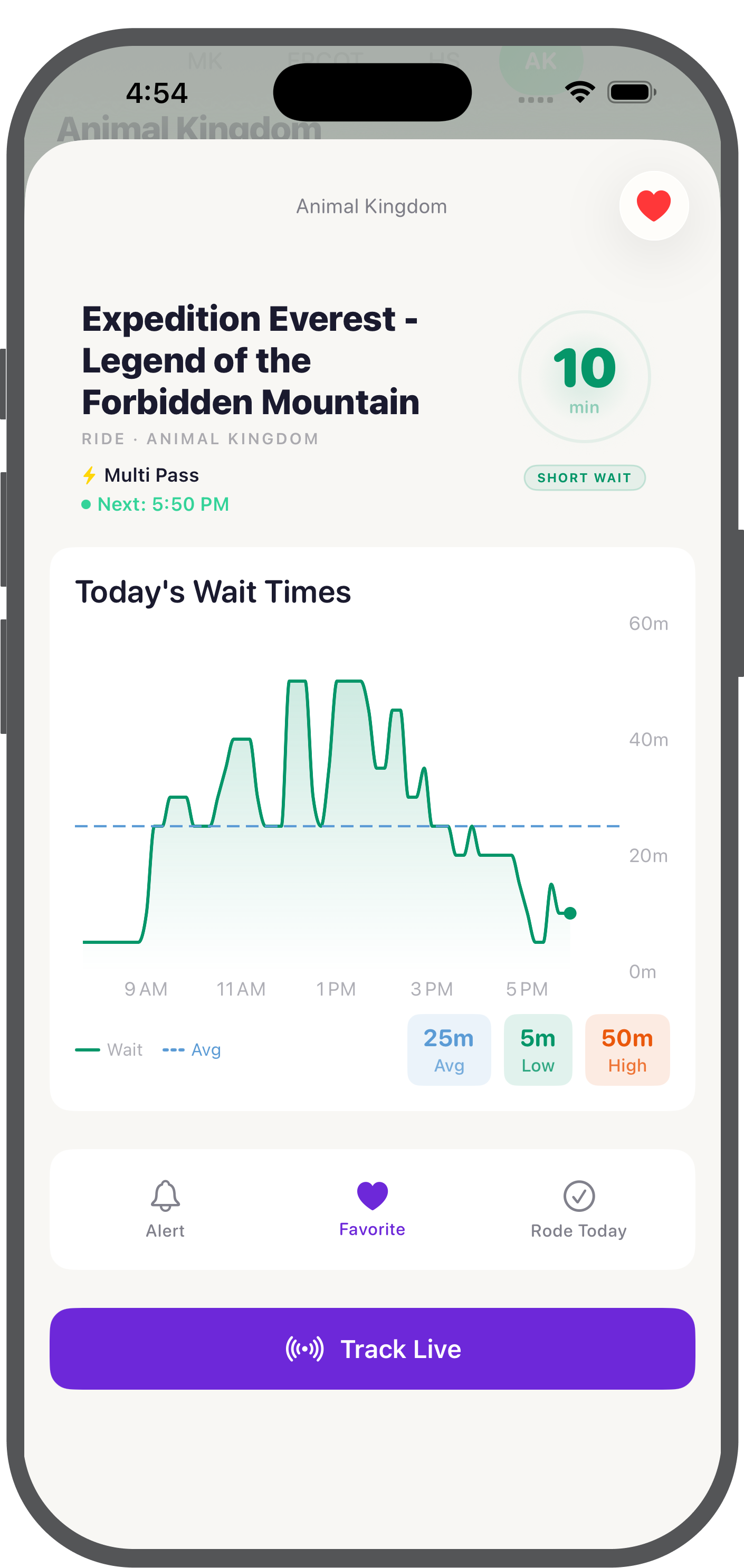 Ride details with wait time chart and live tracking